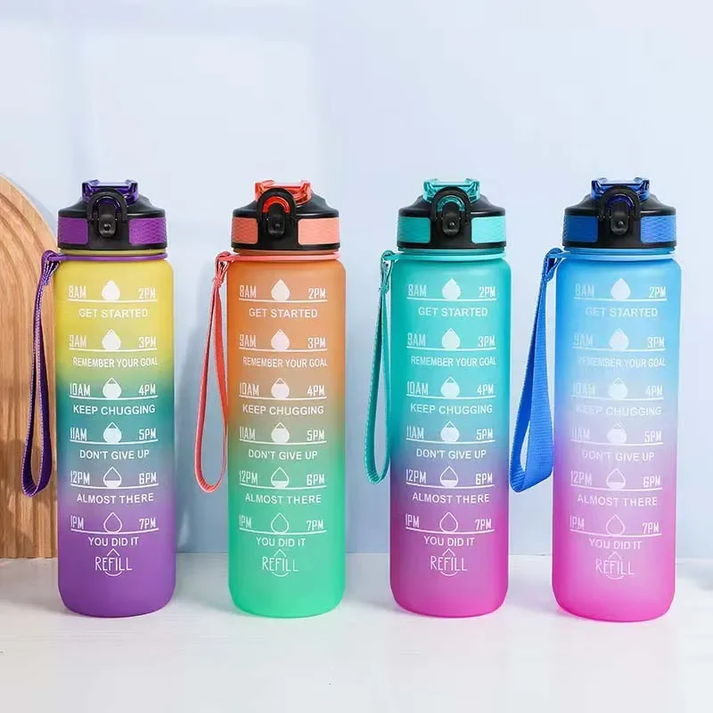 2 Bouteilles d'eau 1L de Sport Étanche, Graduée, Gourde avec Paille et Index des Heures, Idéal pour Les Loisirs, Le Fitness, le Vélo